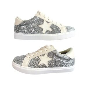 PARTY Glitter Star Sneakers Women Size‎ 8 Silver White Lace Up Low Top